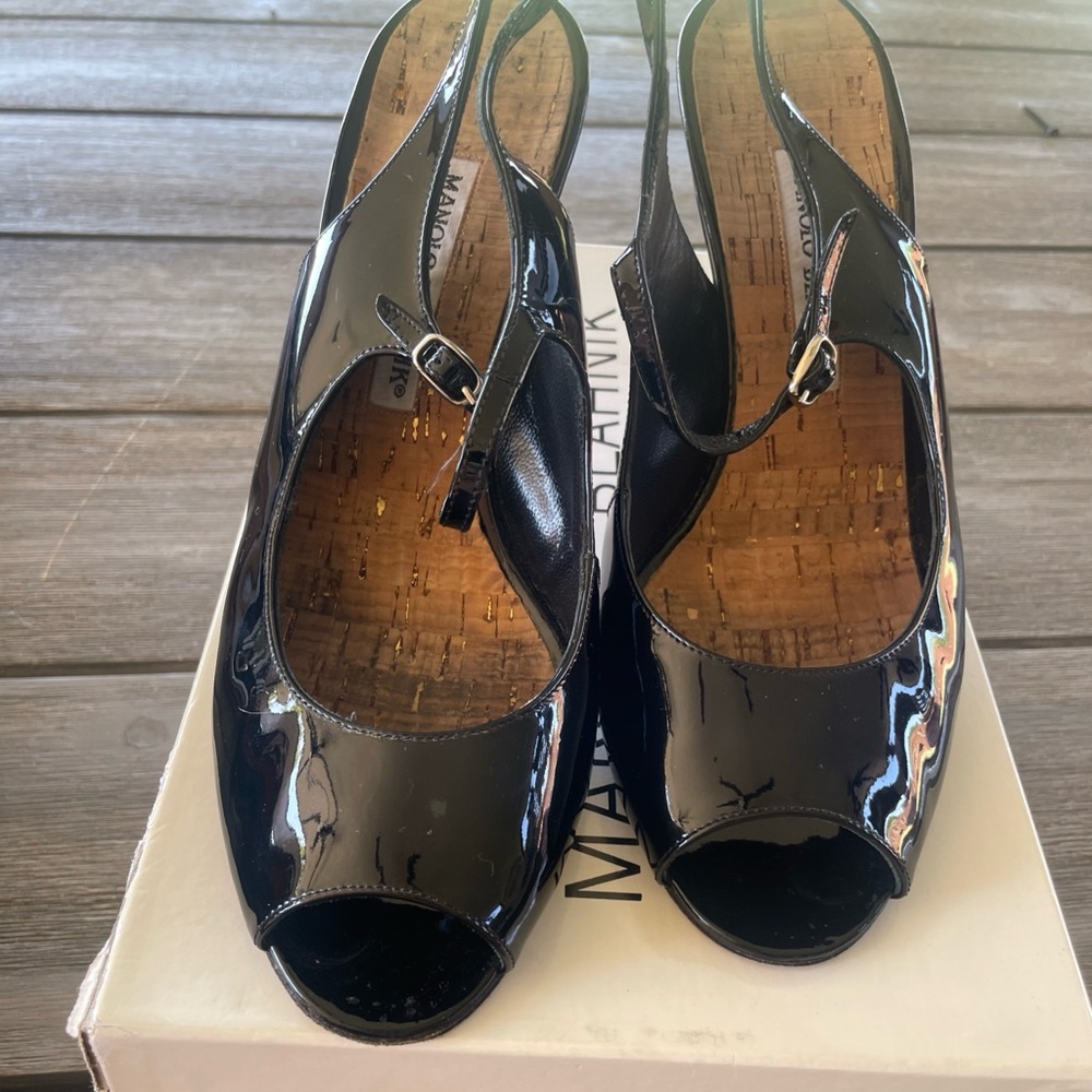 MANOLO BLAHNIK C Cloda Black Open Toe Black Hills